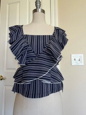 English Factory Striped Ruffle Wrap-Style Women's Top in Navy -XS